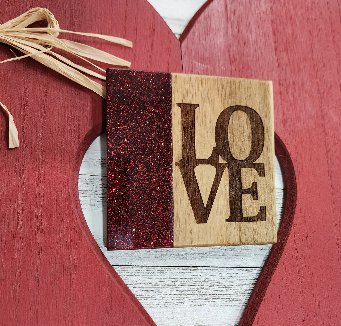 Valentines - Red Glitter and Acacia Wood Coasters