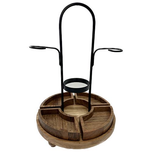 Rustic Wood/Metal Wine Bottle & Glass Server with Snack Trays