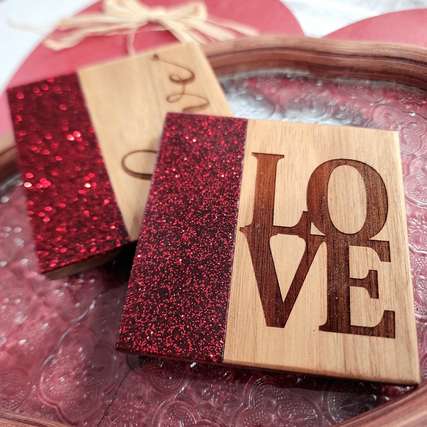 Valentines - Red Glitter and Acacia Wood Coasters
