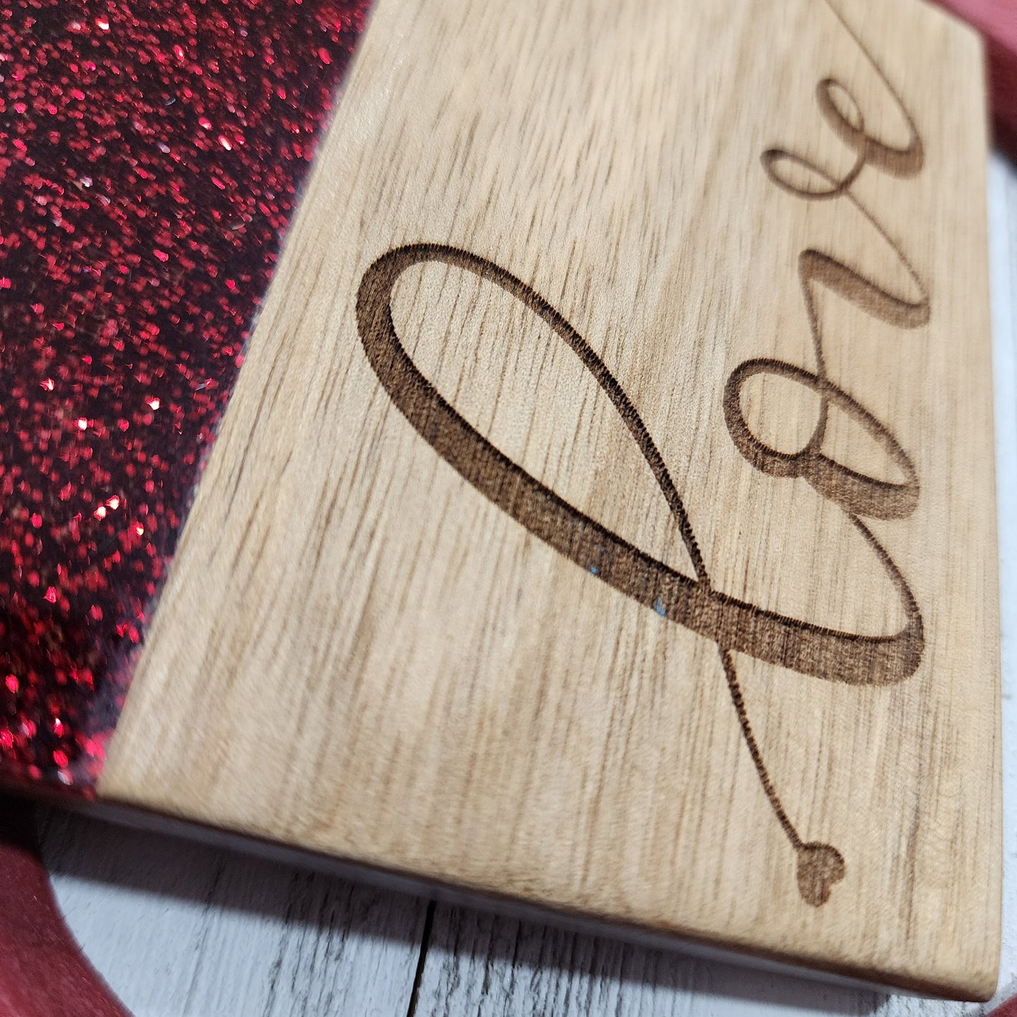 Valentines - Red Glitter and Acacia Wood Coasters