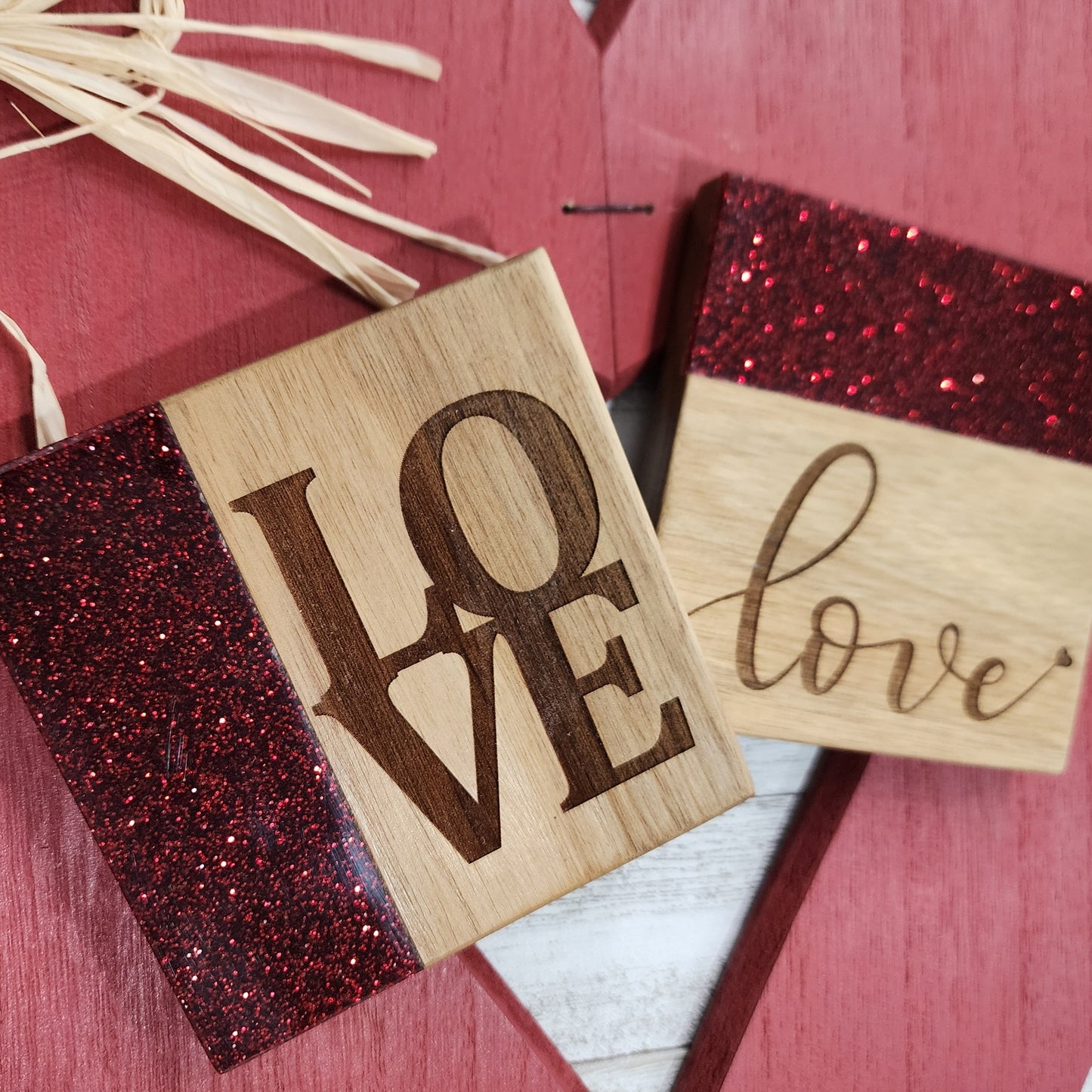 Valentines - Red Glitter and Acacia Wood Coasters