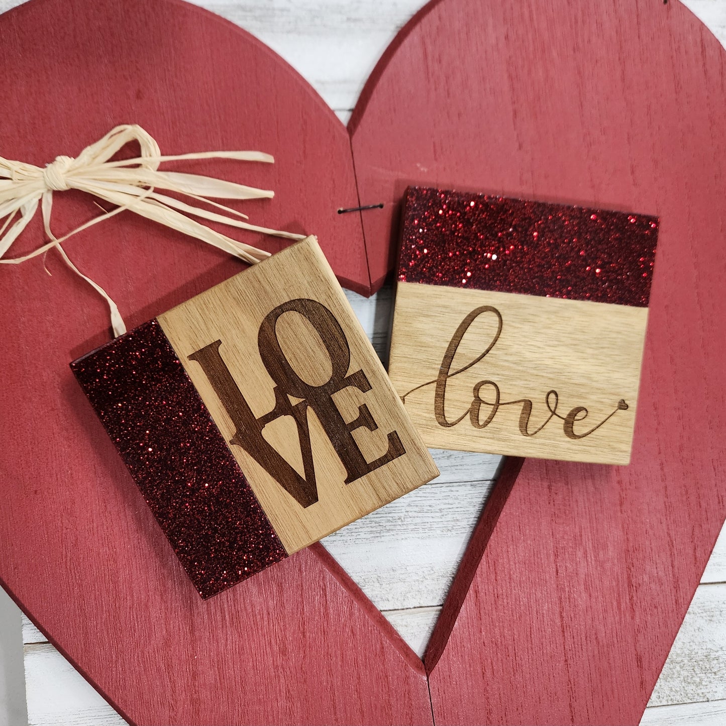 Valentines - Red Glitter and Acacia Wood Coasters