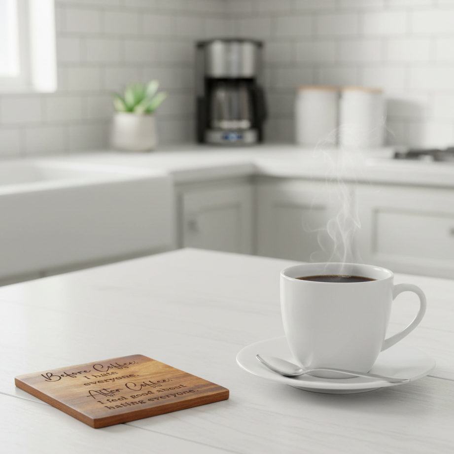Wood Coaster - Before Coffee I Hate Everyone, After Coffee I Feel Good About Hating Everyone | Funny Table Decor - Acacia