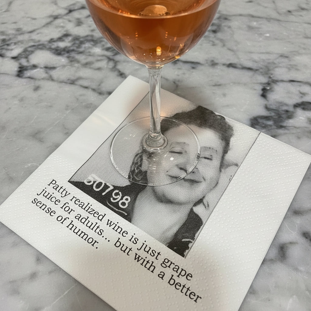 Glass of amber liquid on a napkin with a black and white photo and text.