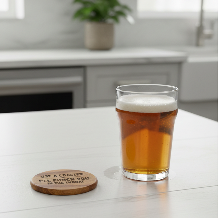 Wood Coaster - Use A Coaster Or I'll Punch You In The Throat | Funny Table Decor - Acacia