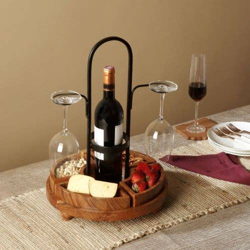 Rustic Wood/Metal Wine Bottle & Glass Server with Snack Trays