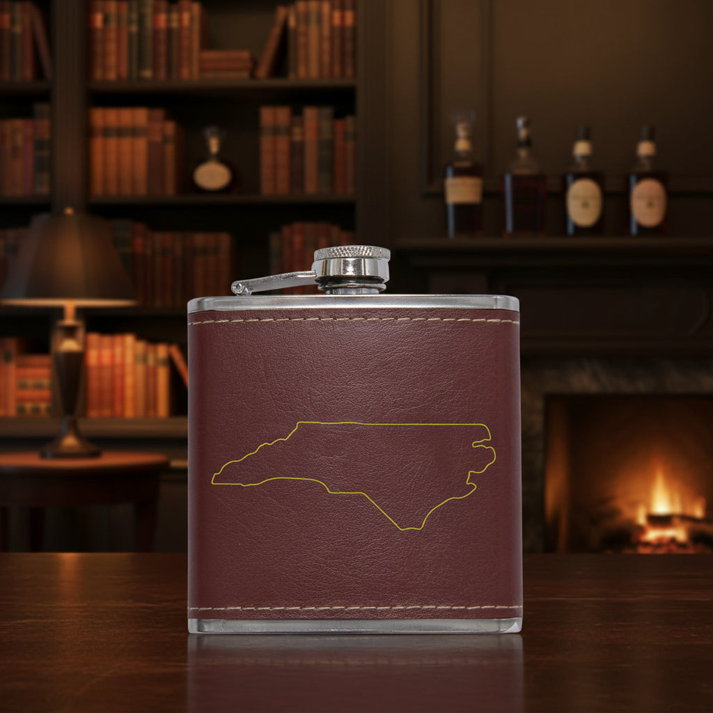 Faux Leather Wrapped Flask | North Carolina Outline | Barware
