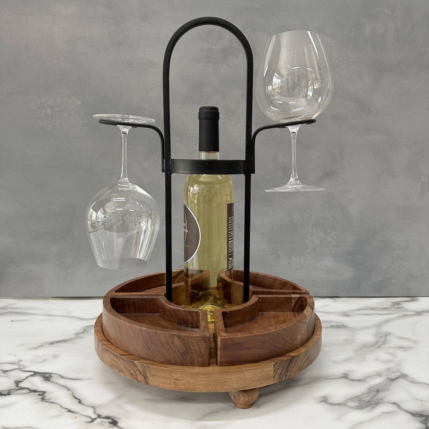 Rustic Wood/Metal Wine Bottle & Glass Server with Snack Trays