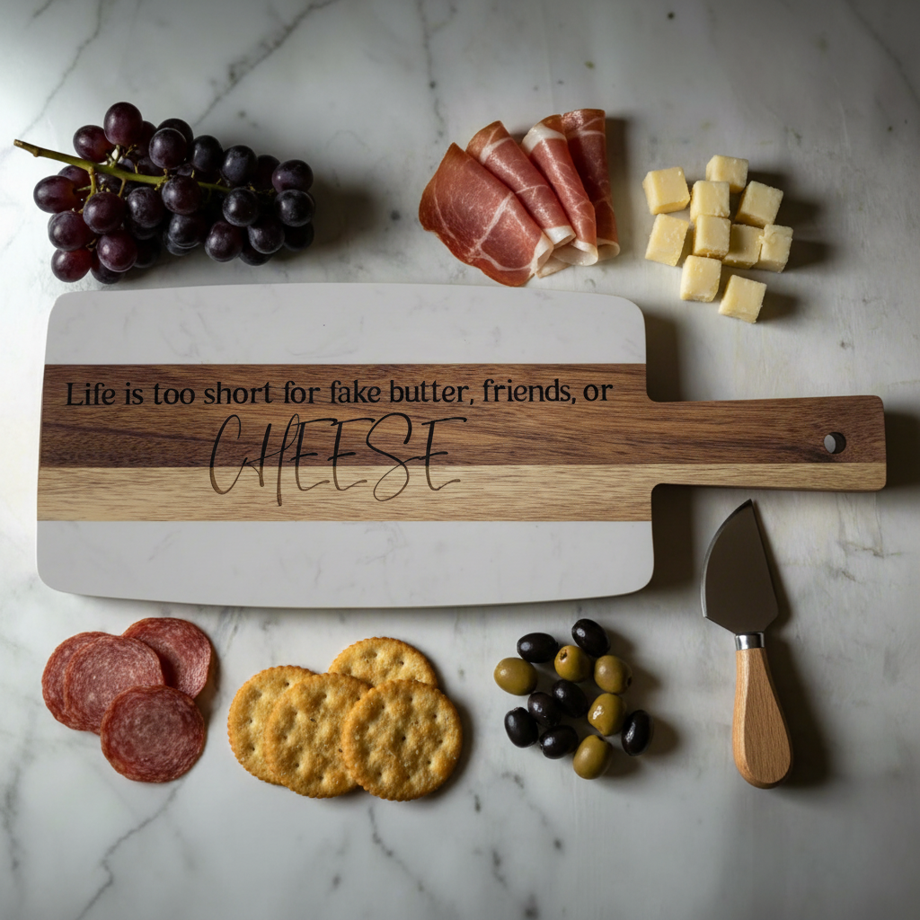 Marble & Acacia Serving Board - Fake Friends Butter Cheese | Charcterie Decor
