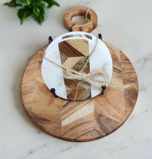 Herringbone Acacia Serving Board & 2 pc Coaster Set