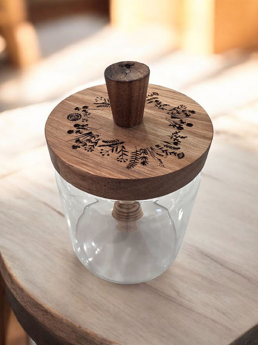 Glass Honey Jar with Wood Dipper – Bee & Wildflower Design | Tea & Kitchen Accessory
