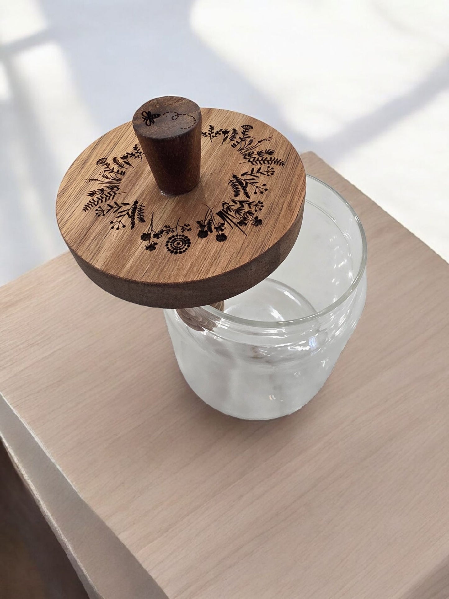 Glass Honey Jar with Wood Dipper – Bee & Wildflower Design | Tea & Kitchen Accessory