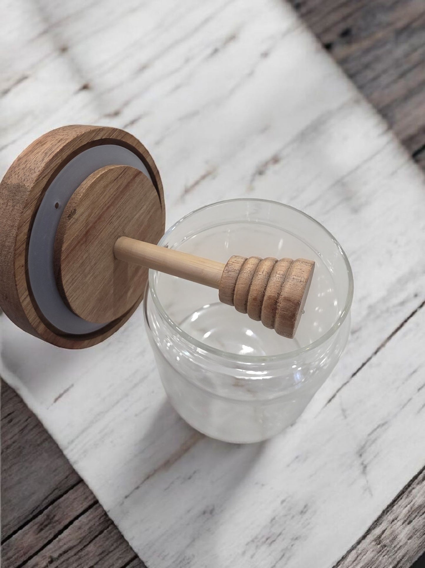 Glass Honey Jar with Wood Dipper – Bee & Wildflower Design | Tea & Kitchen Accessory