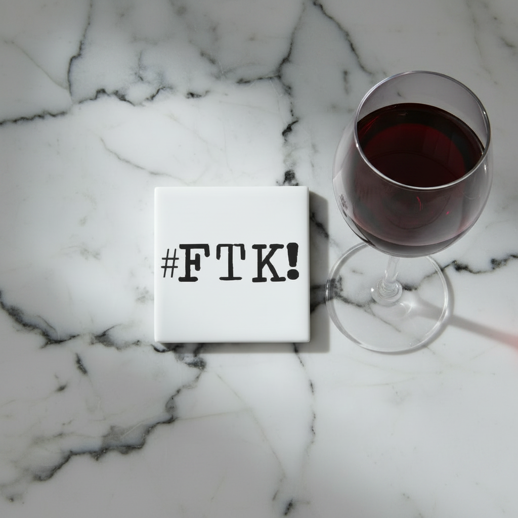 square white coaster with black print on a white background