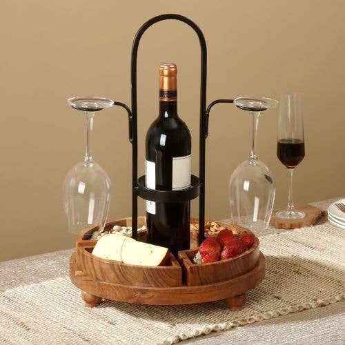 Rustic Wood/Metal Wine Bottle & Glass Server with Snack Trays