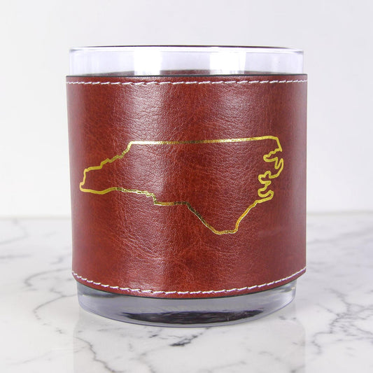 Faux Leather Rocks Glass | Gold NC State Outline | Whiskey Barware