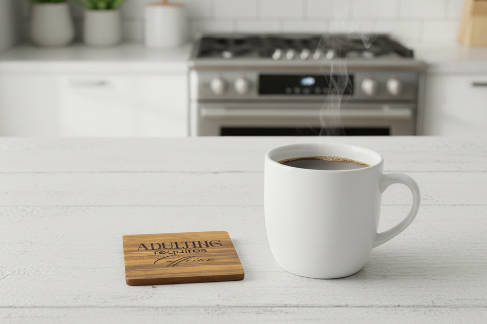 Wood Coaster - Adulting Requires Caffeine| Funny Table Decor - Acacia