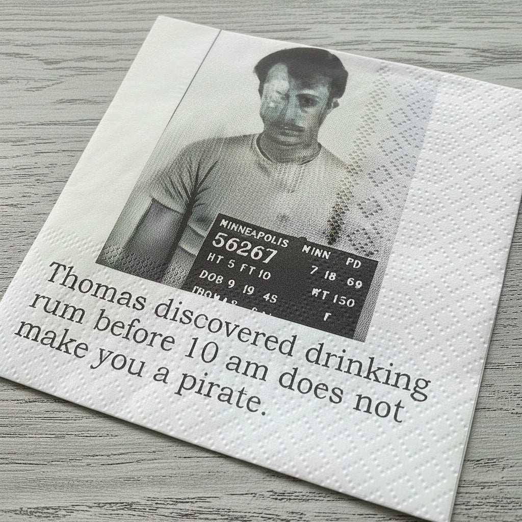 Cocktail Napkins - Thomas Discovered Drinking Rum Before 10 AM | Funny Party Decor