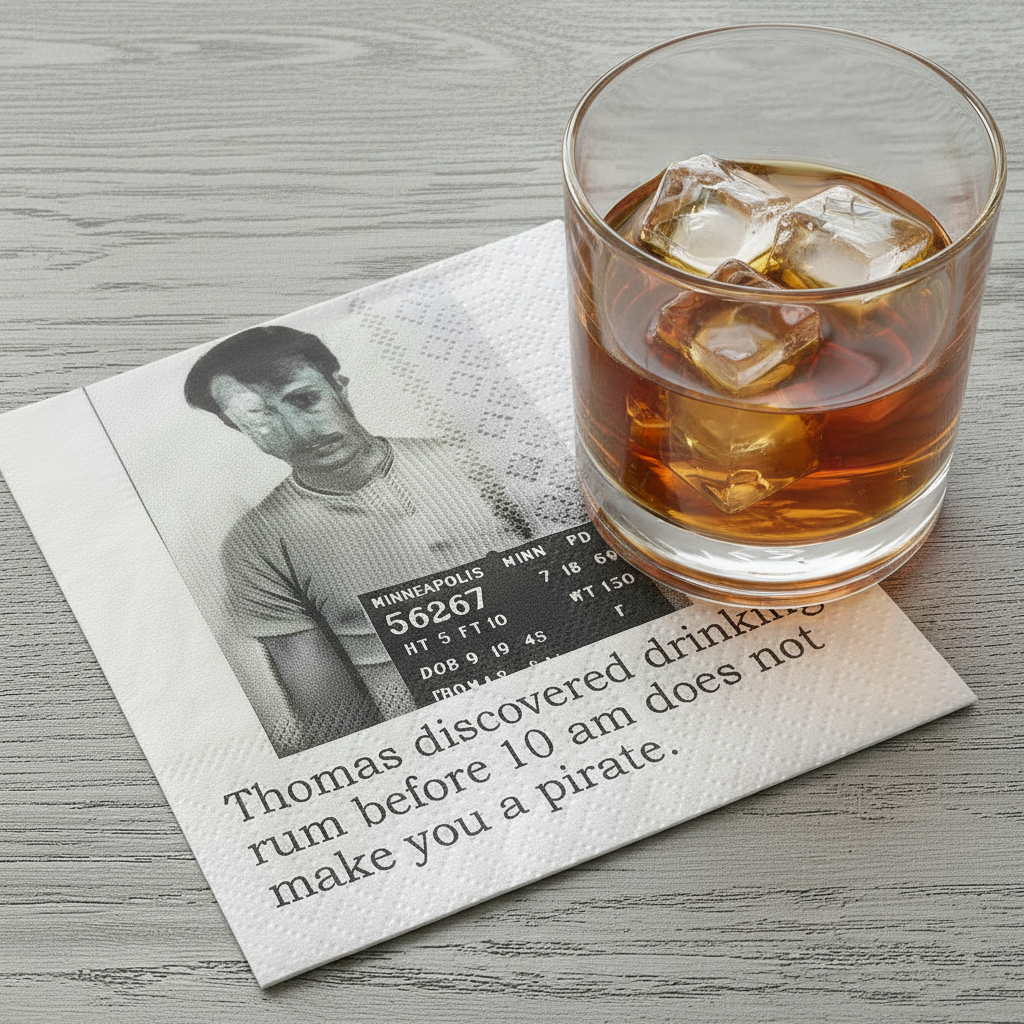 Cocktail Napkins - Thomas Discovered Drinking Rum Before 10 AM | Funny Party Decor
