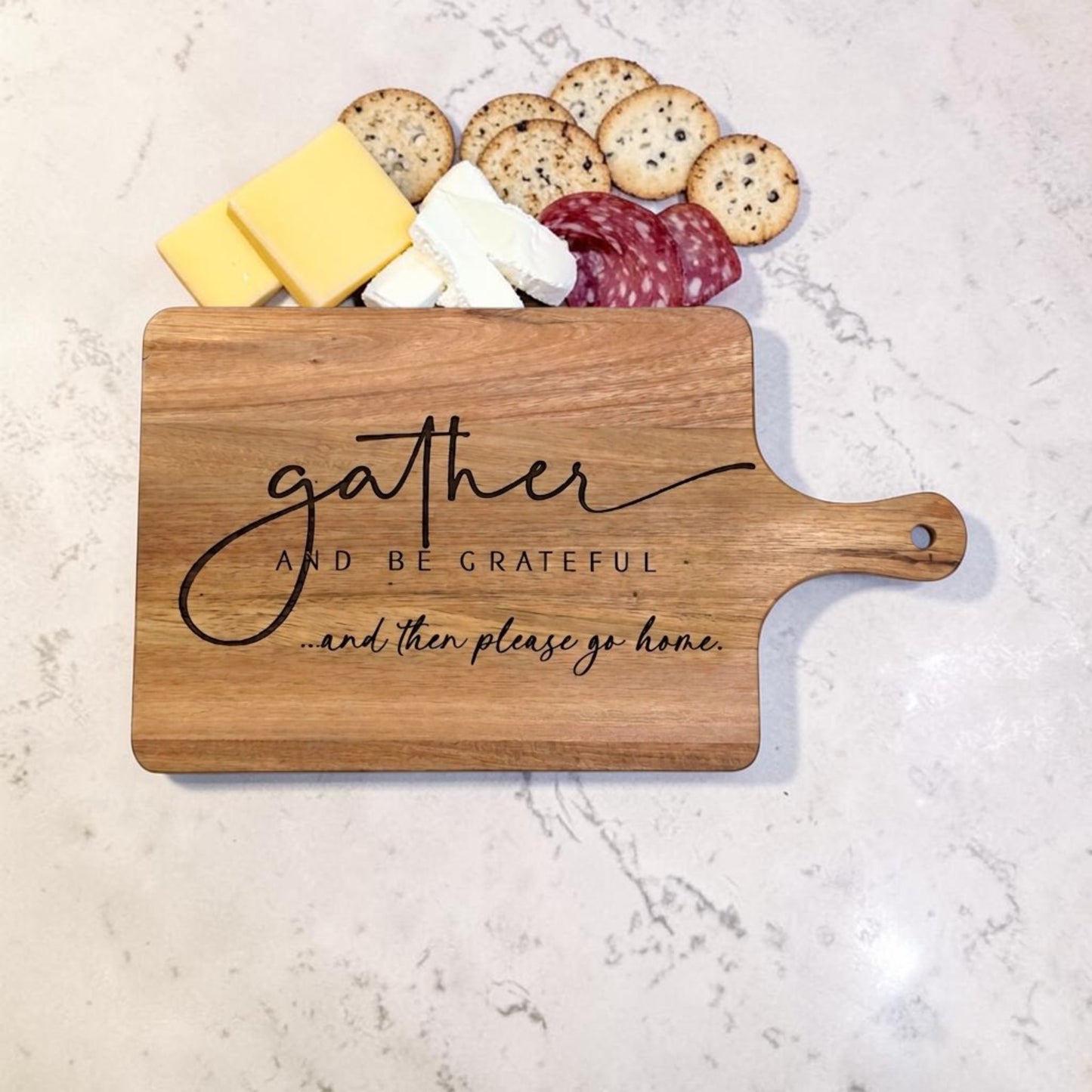 Acacia Serving Board - Gather And Be Grateful But Please Leave By 9 | Funny Table & Kitchen Decor