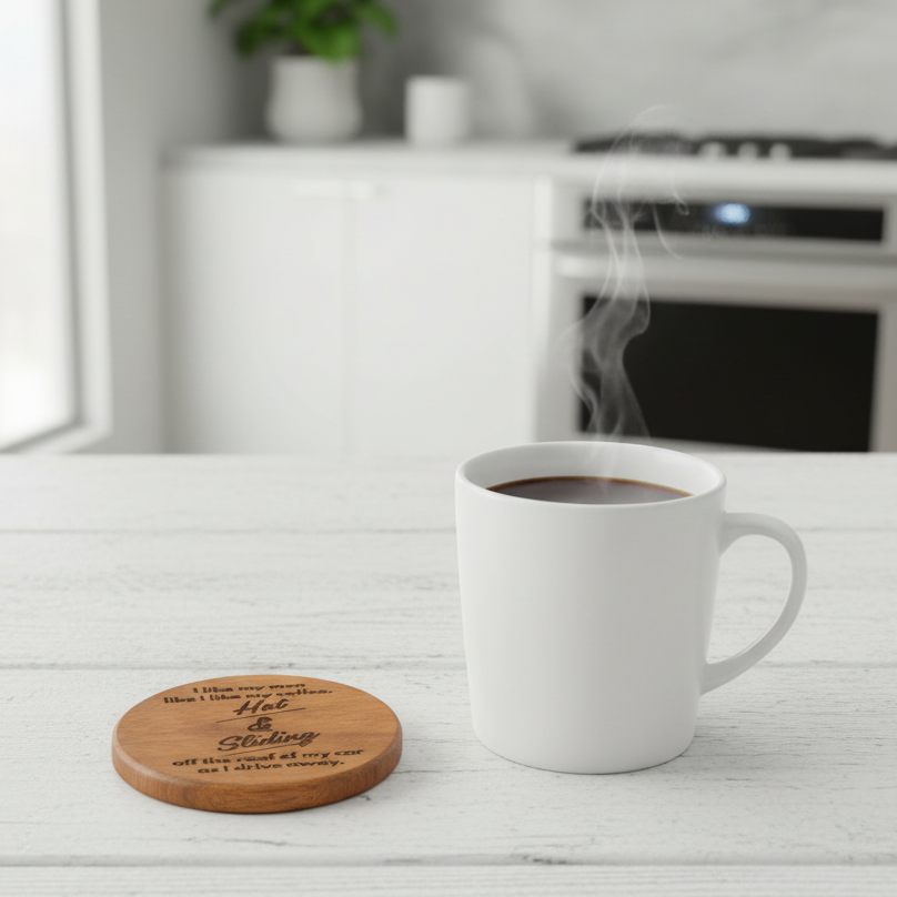 Wood Coaster - I Like My Coffee Like I Like My Men, Hot & Sliding Off The Roof Of My Car | Funny Table Decor - Acacia