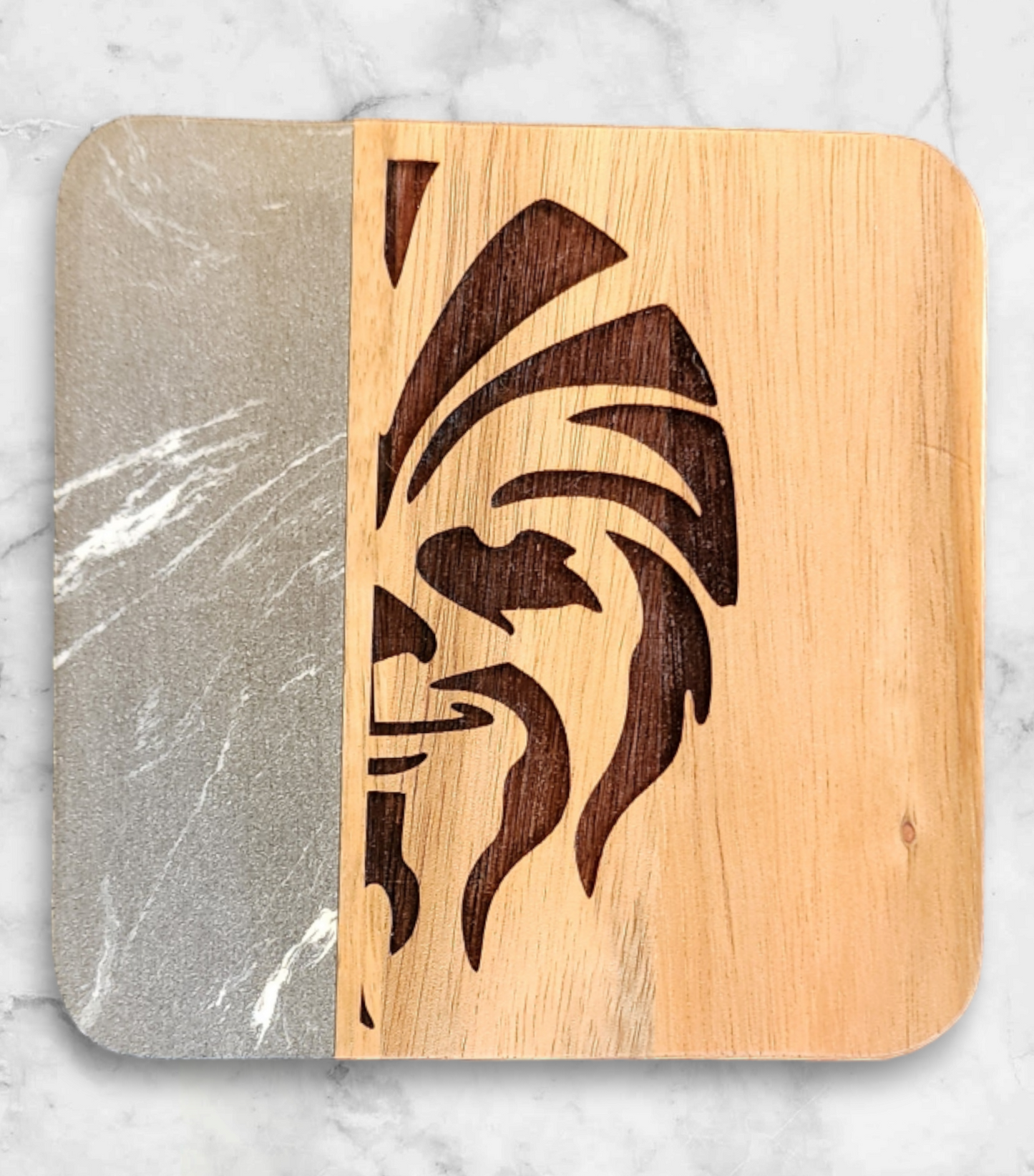 Galaxy Gray Marble & Acacia Character Coasters Set