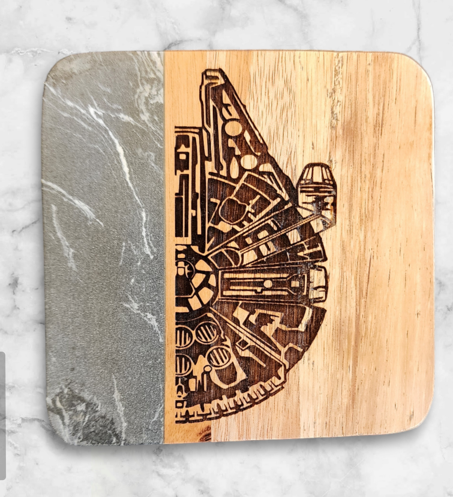 Galaxy Gray Marble & Acacia Character Coasters Set