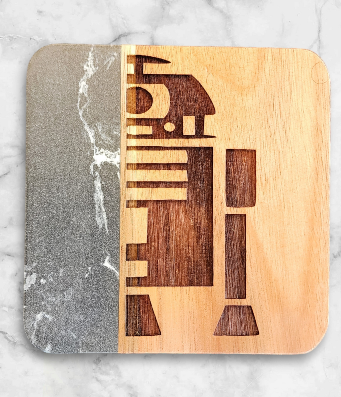 Galaxy Gray Marble & Acacia Character Coasters Set