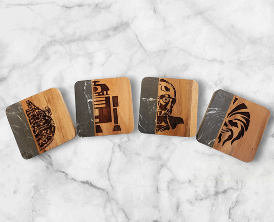 Galaxy Gray Marble & Acacia Character Coasters Set