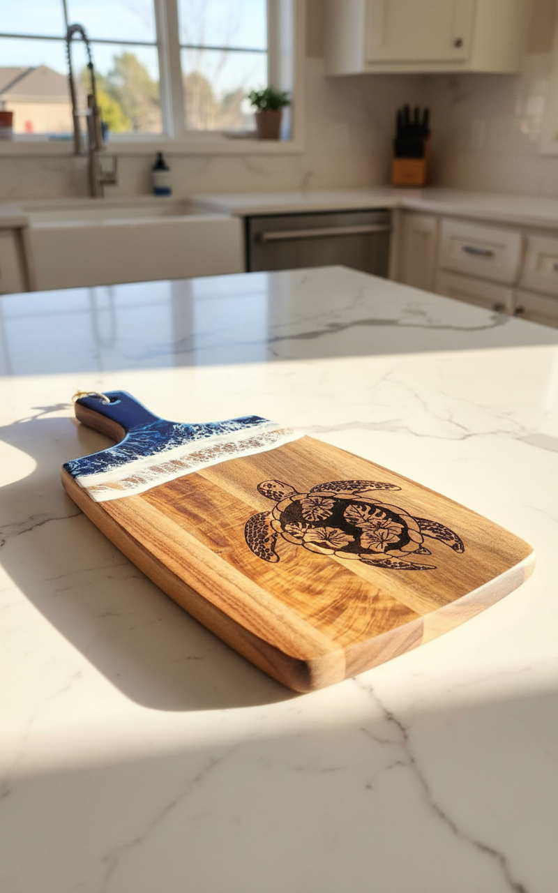 Acacia + Blue Resin Ocean Resin Serving Board | Sea Turtle